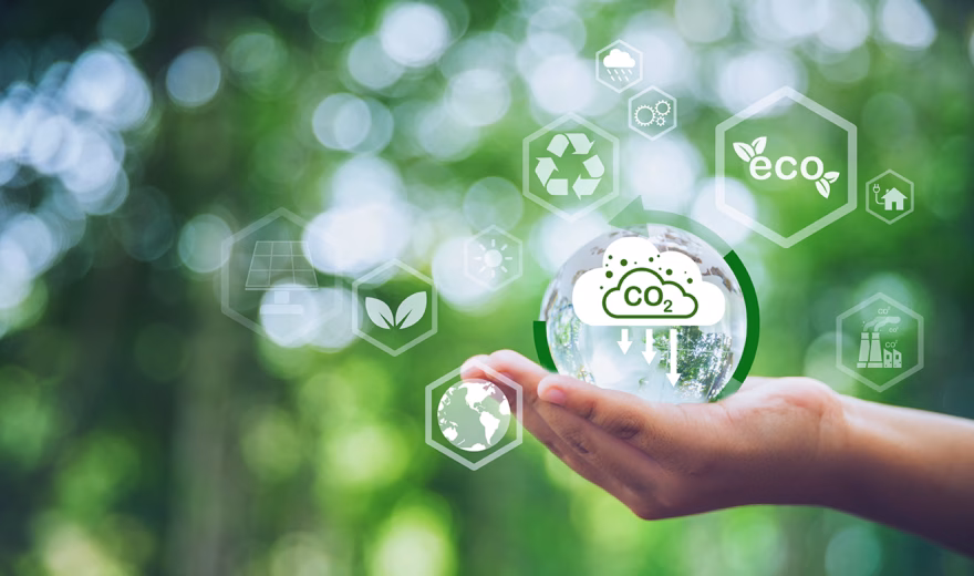 Visual representation of sustainability, CO₂ reduction, and the circular economy using environmental symbols.