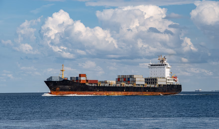 A cargo ship transports containers by sea for international freight transport.