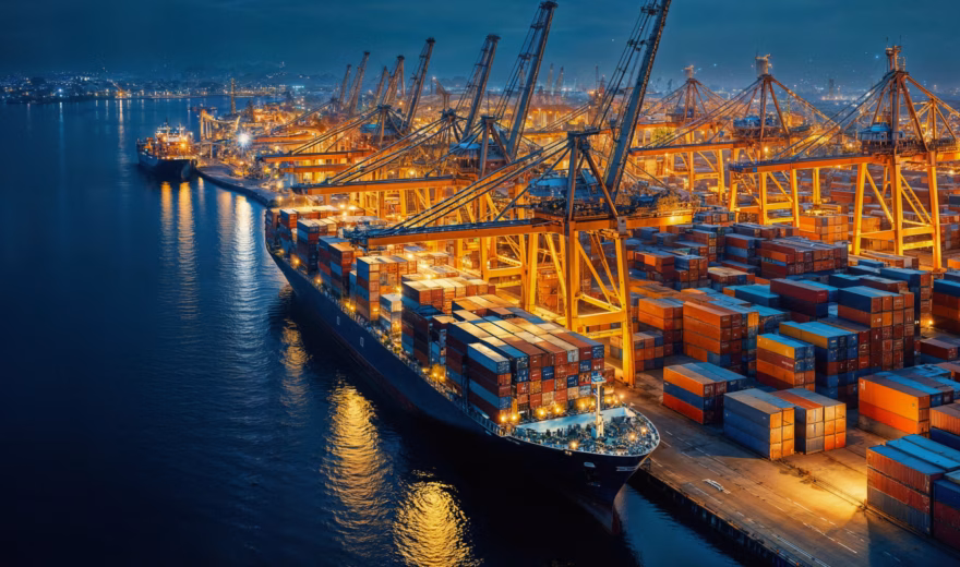 A container ship is docked at a container terminal where cargo containers are being loaded and unloaded.