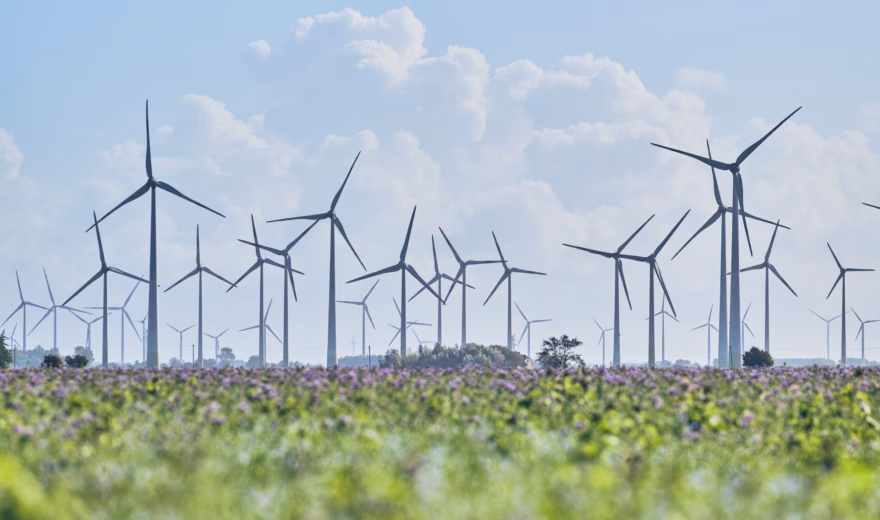 A wind farm with multiple wind turbines generates renewable energy in an open landscape.
