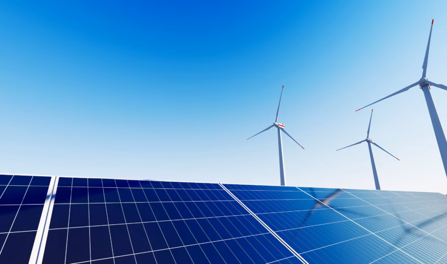 Zonnepanelen en windturbines illustreren de productie van hernieuwbare energie.