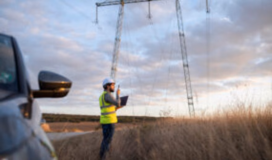 An employee is conducting an inspection of a high-voltage power line in a rural area.