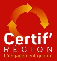 Logo van Certif’ Région Occitanie kwaliteitslabel met rode achtergrond en gele pijlvorm.