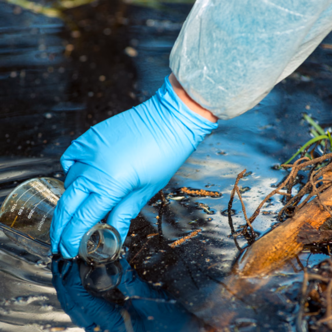 Watermonster wordt genomen in een natuurlijke wateromgeving voor milieukundig onderzoek.