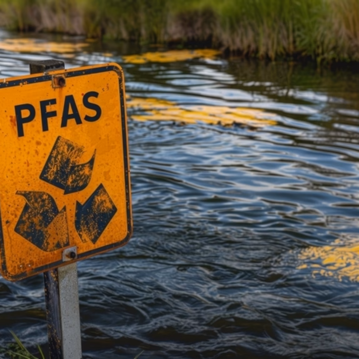 Warning sign for PFAS near a waterway with potential environmental contamination.