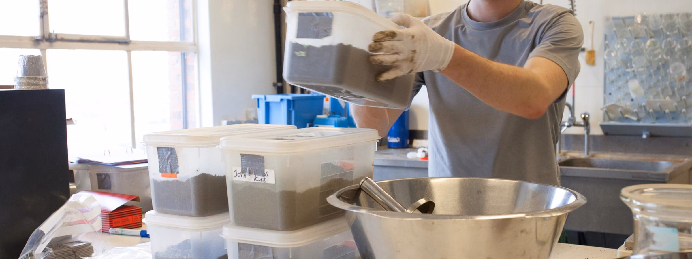 Soil samples are prepared and processed for laboratory testing and quality analysis.