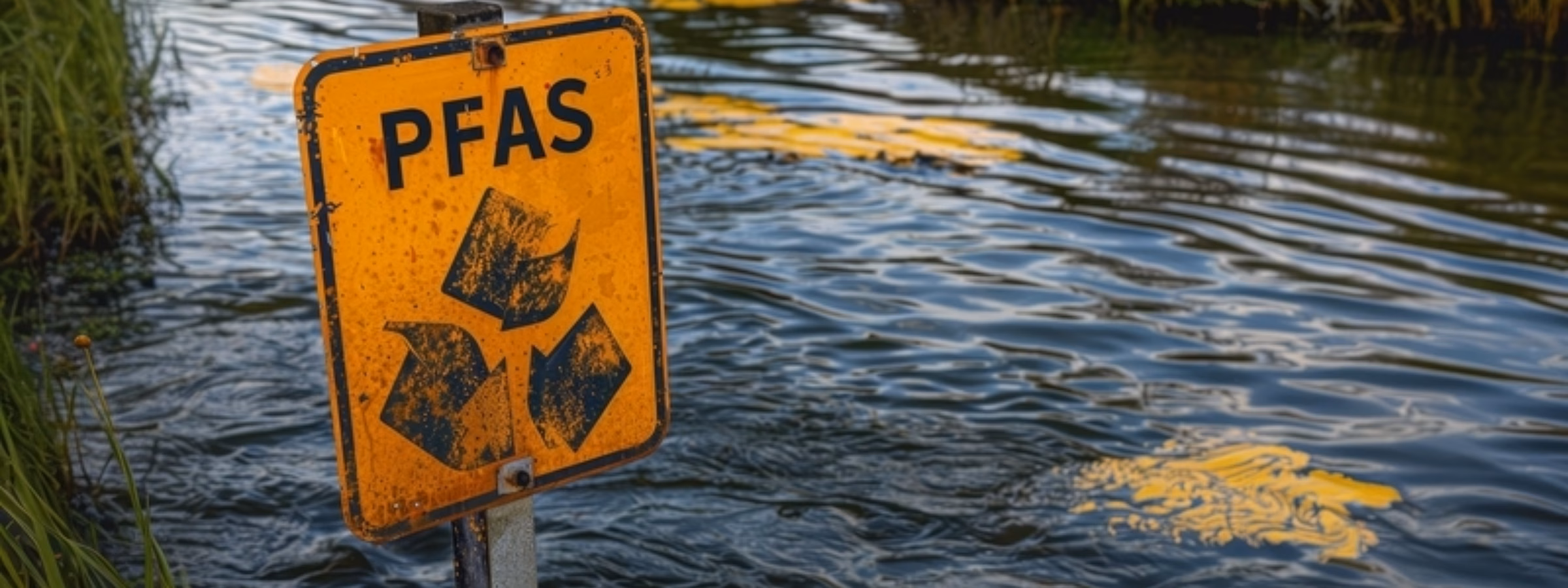 Warning sign for PFAS near a waterway with potential environmental contamination.