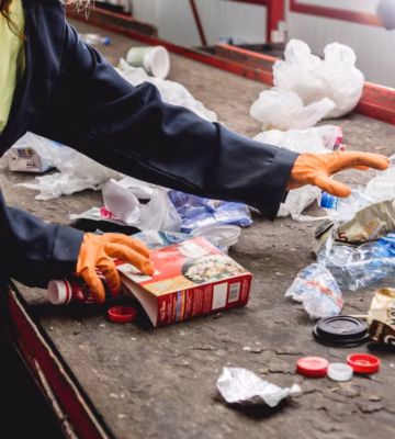 Medewerker voert een visuele controle uit van afval op een sorteerband.