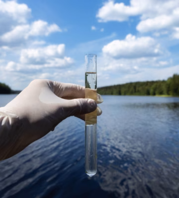 Un échantillon d'eau est prélevé dans un tube à essai dans le cadre d'une étude sur la qualité de l'eau dans un milieu aquatique naturel.