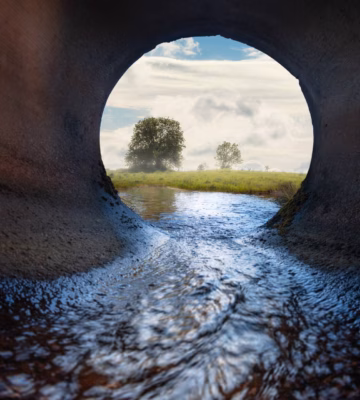 Uitzicht vanuit een grote betonnen afvoerbuis waar water doorheen stroomt richting een groen landschap.