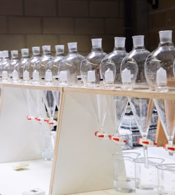 Glazen laboratoriumflessen en trechters opgesteld in een rek voor het uitvoeren van chemische analyses en monsteronderzoek.