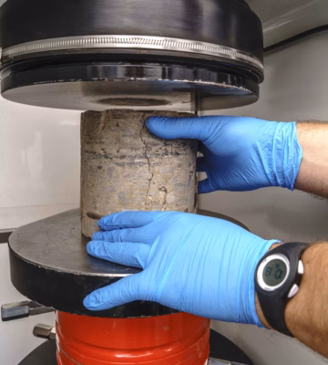 Laboratoriummedewerker met blauwe handschoenen plaatst een cilindervormig betonmonster in een druktestmachine.