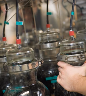 Rijen glazen potten met vloeistoffen in een laboratoriumomgeving, terwijl een medewerker een pot vastpakt voor analyse of testing.