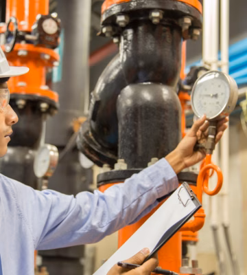 An inspector is inspecting pipes and measuring equipment in an industrial setting.