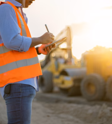 Een medewerker registreert gegevens tijdens een inspectie op een bouwplaats.