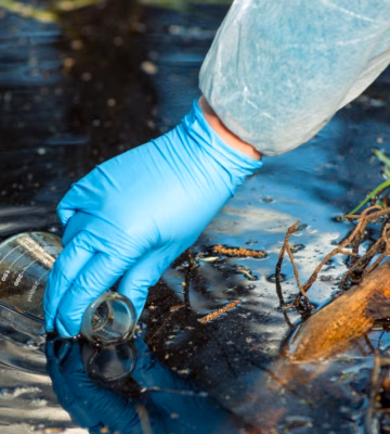 Un échantillon d'eau est prélevé dans des eaux de surface afin d'étudier d'éventuelles contaminations et d'évaluer la qualité de l'eau.