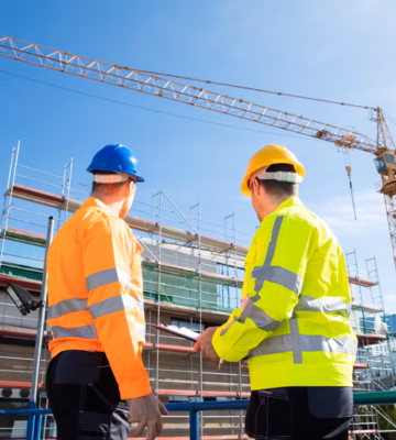 Medewerkers inspecteren de voortgang van werkzaamheden op een bouwplaats.