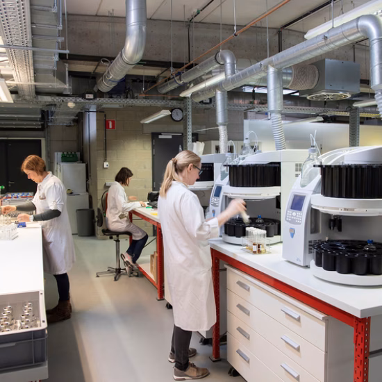In een modern laboratorium werken meerdere medewerkers in witte laboratoriumjassen aan geautomatiseerde analyseapparatuur. De ruimte is ingericht voor onderzoek, monsterverwerking en kwaliteitscontrole, met diverse instrumenten en werkstations voor laboratoriumtesten.