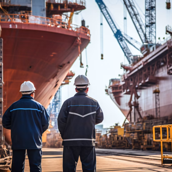 Twee medewerkers met veiligheidshelmen inspecteren grote schepen op een scheepswerf met kranen en industriële installaties.