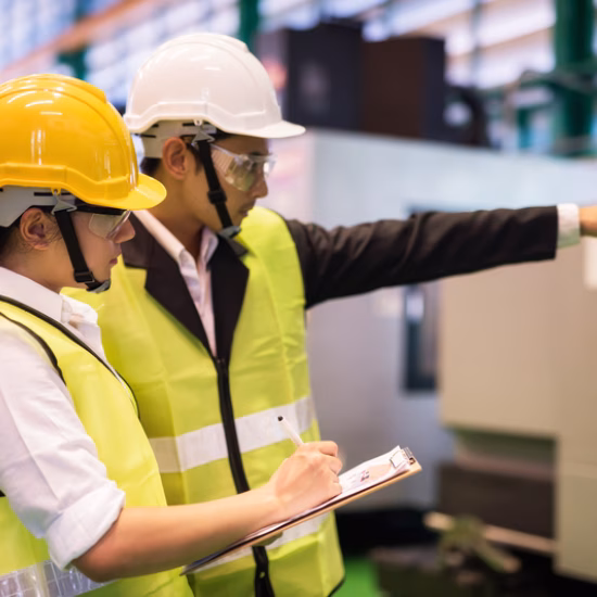 Twee medewerkers met veiligheidshelmen en reflecterende hesjes voeren een controle uit in een industriële omgeving.