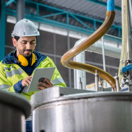 Een inspecteur registreert en controleert procesgegevens bij een industriële installatie.