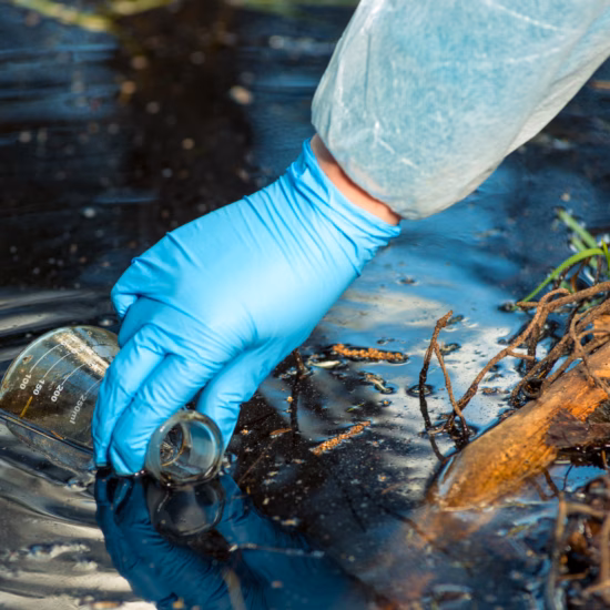 Een watermonster wordt genomen uit oppervlaktewater voor onderzoek naar mogelijke verontreinigingen en waterkwaliteit.