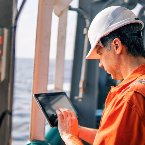 Inspectiewerkzaamheden op een offshore-installatie worden uitgevoerd met digitale meet- en registratietools.