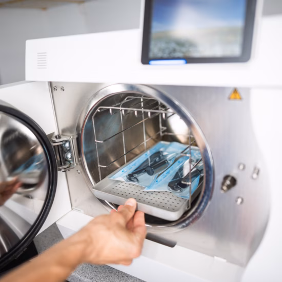 Equipment for sterilizing materials and instruments in a laboratory.