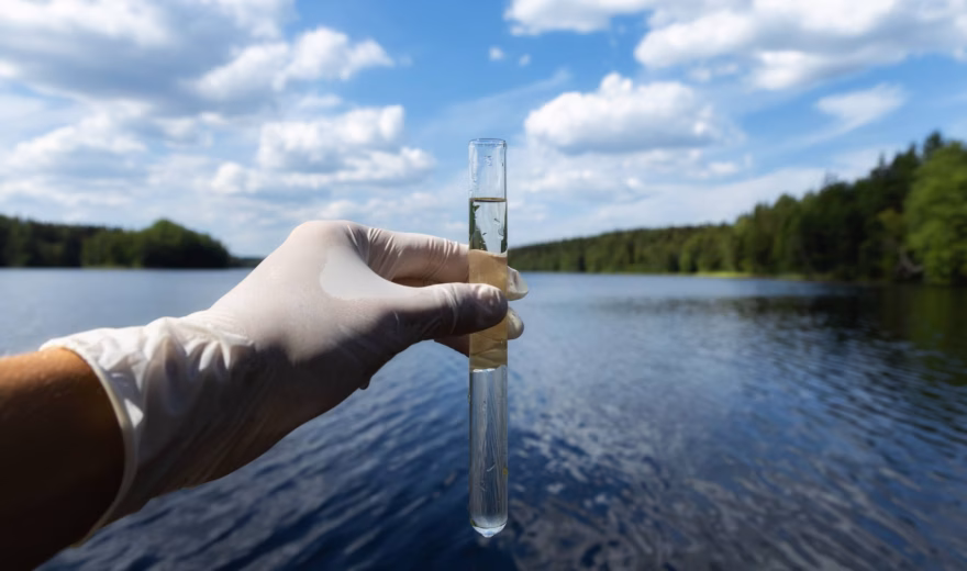 Een watermonster wordt verzameld voor onderzoek naar de kwaliteit van water.