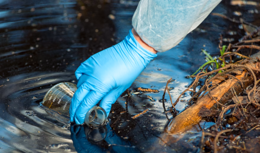 A water sample is collected from a natural water body for environmental analysis.