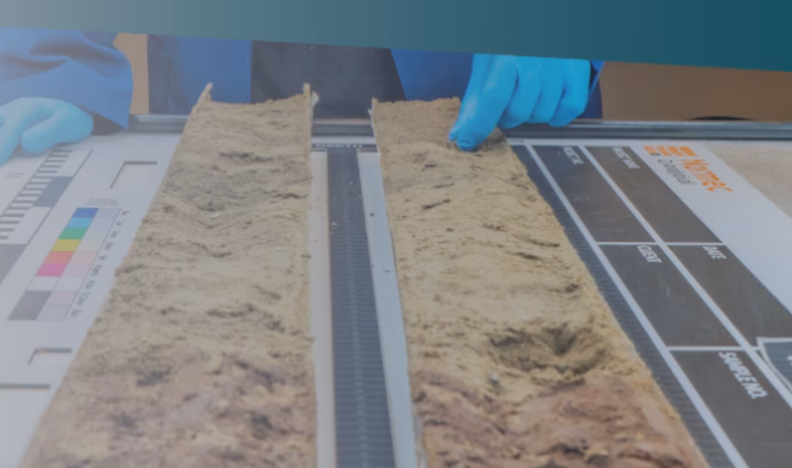 Cross-section of a construction or insulation material on a testing rig during laboratory testing, with a color reference and measuring scale visible.