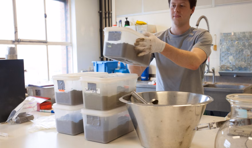 Soil samples are prepared and processed for laboratory testing and quality analysis.