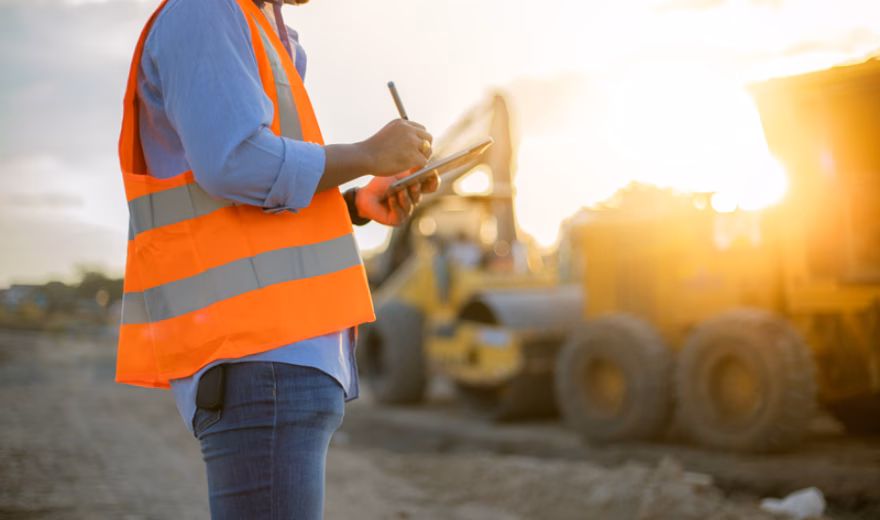 Een medewerker registreert gegevens tijdens een inspectie op een bouwplaats.