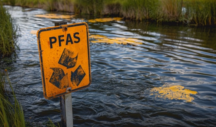 Warning sign for PFAS near a waterway with potential environmental contamination.