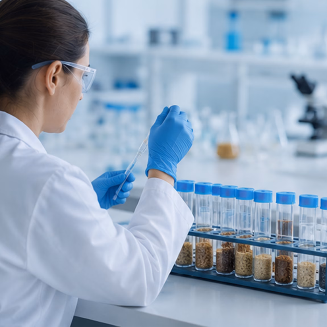 Laboratoriummedewerker onderzoekt grondstofmonsters voor kwaliteitscontrole en analyse.