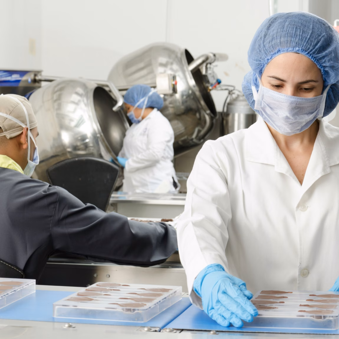 Employees perform visual inspections of food products in a production environment.