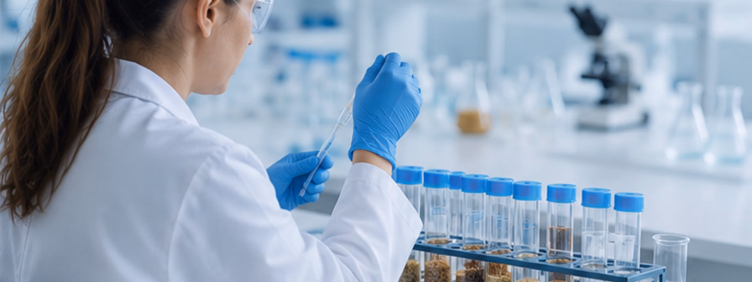 Laboratoriummedewerker onderzoekt grondstofmonsters voor kwaliteitscontrole en analyse.
