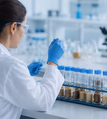 Laboratoriummedewerker onderzoekt grondstofmonsters voor kwaliteitscontrole en analyse.