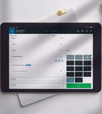Tablet with a digital application for inspections, checks, and data recording.