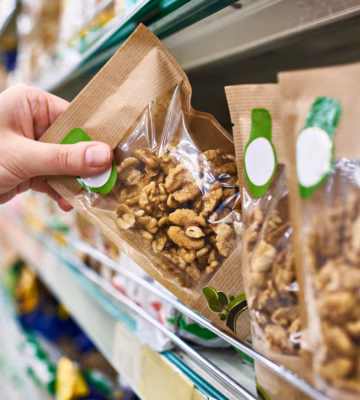 Verpackte Nussprodukte werden auf Qualität, Kennzeichnung und Lebensmittelsicherheit geprüft.