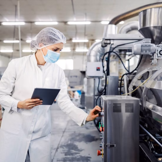 Persoon in beschermende werkkleding controleert en bedient industriële apparatuur met een tablet in een productieomgeving.