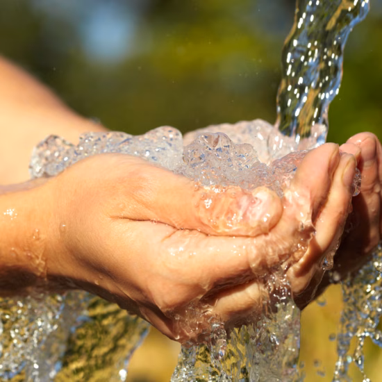 Handen opgevangen onder stromend water uit een natuurlijke waterbron.