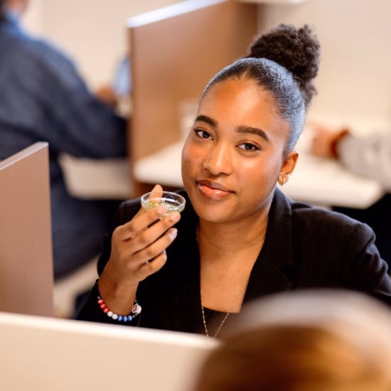 Evaluation of a product sample as part of sensory testing and quality analysis.