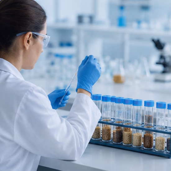 A laboratory technician examines raw material samples for quality control and analysis.