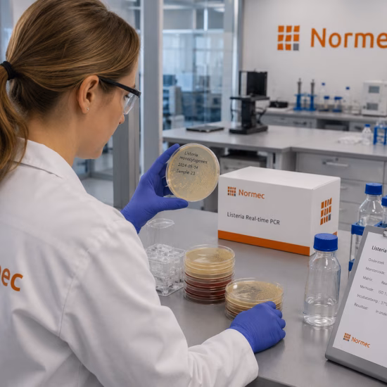 Analysis of microbiological samples in the laboratory for quality and food safety testing.