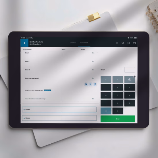 Tablet with a digital application for inspections, checks, and data recording.