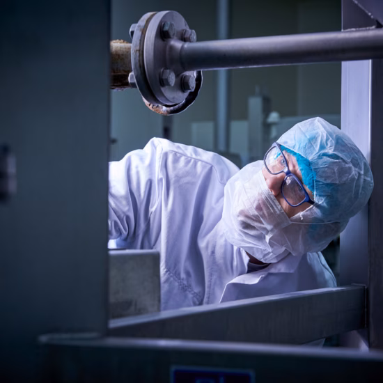 Inspectie van procesapparatuur binnen een gecontroleerde productieomgeving voor kwaliteitsborging.