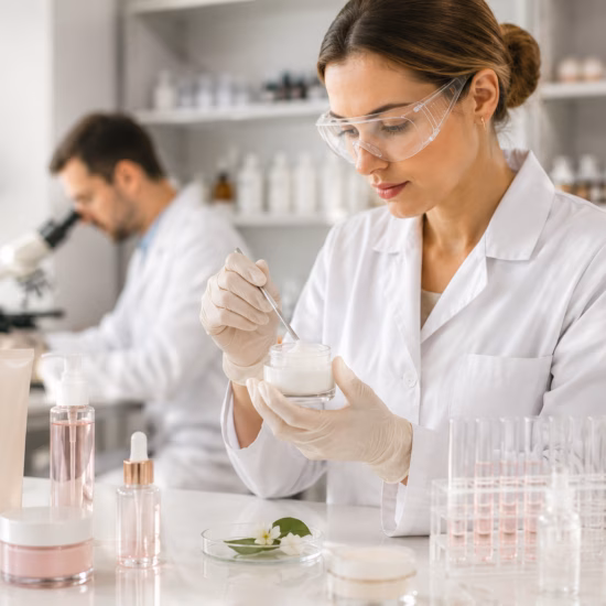 Laborfachkräfte analysieren eine Kosmetikformulierung zur Qualitätskontrolle und Produktentwicklung.