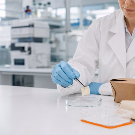 Ein Laborant untersucht Verpackungsmaterial mithilfe einer Petrischale in einer Laborumgebung.