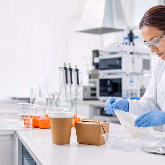 Ein Laborant führt eine Analyse an Verpackungsmaterial und Lebensmitteln durch.